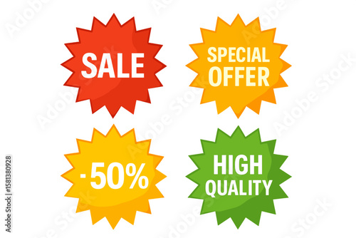 Set of 4 colorful sunburst starburst sale badges and price tags: red SALE, yellow SPECIAL OFFER, orange 50% OFF, green HIGH QUALITY. Vector promotional labels