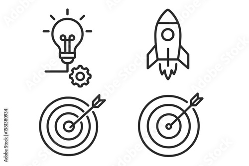 Line icon set for startup business growth and innovation: creative idea lightbulb with gear, rocket launch, bullseye target with arrow, marketing goal symbols for web and mobile apps