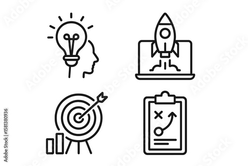 Business startup icons set of 4 line style web and mobile app icons including startup project, development, creative idea, target, innovation, and marketing symbols for technology and entrepreneurship