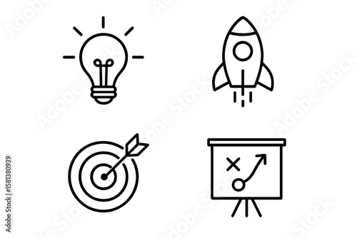 Startup Web and Mobile App Icons Set of 4 in Line Style, Business Development, Creative Idea, Innovation, Target, Marketing, Project Management and Growth Symbols