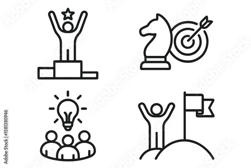Set of 4 Success Web Icons in Line Style, Business Development Linear Icon Collection Featuring Achievement, Strategy, Winner, Teamwork, Growth, Leadership, and Success Concepts