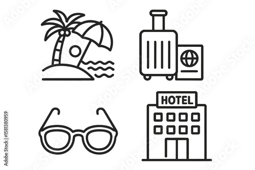 Summer travel icon set with beach palm tree umbrella waves, suitcase and passport, sunglasses and hotel building line silhouettes. Vacation beach resort holiday essentials