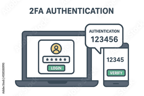 Two Factor Authentication 2FA Password Security. Secure Login Verification Code on Laptop and Mobile Phone. User Access Protection, Safe Sign In, Digital Identity, Cybersecurity Concept