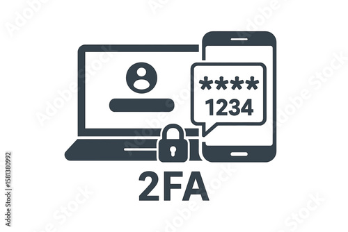 Two Factor Authentication 2FA Icon. Secure Login Verification, Push Code Message on Phone, Password Authorization, Cybersecurity Protection, Multi Factor Security Access