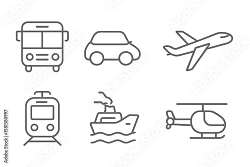 Transport set of 4 linear web icons, vehicle and delivery symbols for mobile apps and websites, including public transport, car, bike, train, bicycle, plane, and bus illustrations