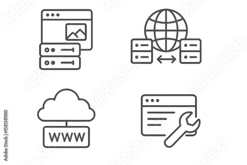 Set of 4 Web Hosting and Cloud Computing Icons in Line Style, Including Webspace, Data Exchange, Domain, Cloud Server, Website Hosting Symbols for Web and Mobile Apps
