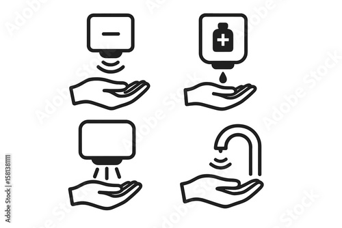Automatic hand hygiene icon set. Touchless soap and sanitizer dispenser, sensor water faucet, and hand dryer symbols. Contactless washing and cleaning for health safety.