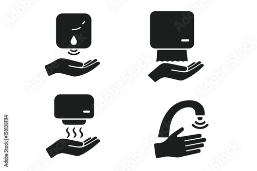 Automatic hand hygiene device icon set. Touchless sensor soap dispenser, paper towel, hand dryer, water faucet. Public restroom washing vector silhouette collection.