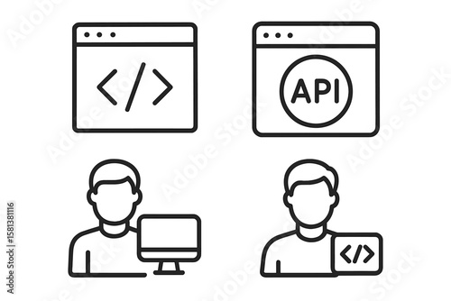Web development icon set. Programming and coding symbol. API interface. Software developer with computer. Technology graphic element. Outline vector illustration for website.