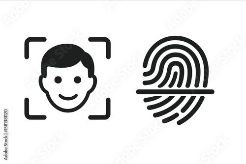 Biometric identification icon set. Face recognition and fingerprint scanner for security access. Personal ID authentication technology. Identity verification vector symbol design.