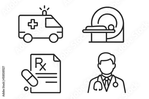 Medical and healthcare line icon set. Includes ambulance, doctor, prescription medication, and MRI or CT scanner for diagnostics. Simple modern outline vector symbols.