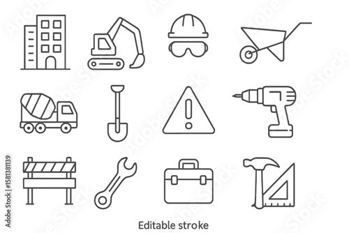 Construction line icon set. Building, excavator, cement mixer, drill, helmet, tools. Engineering pictogram collection. Simple outline vector illustration. Editable stroke.