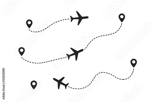Airplane routes flight path vector with location pins. Aircraft tracking, plane route illustration. Line trace with map markers. Travel and transport design element icon set.