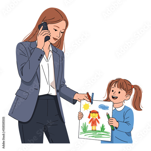 Working Mom on Phone Balances Call and Daughter's Drawing