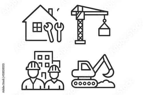 Construction icon set. Building industry thin line icons. Home repair, crane, excavator, engineer worker. Vector symbols for real estate, web design and mobile app.