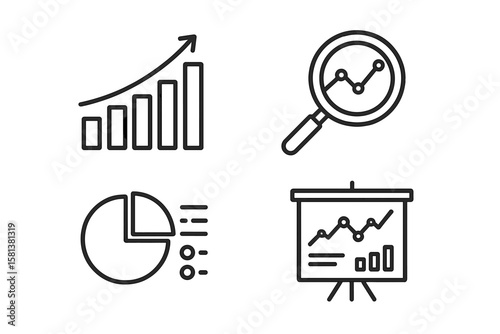 Data analytics and statistics icon set. Thin line style web icons for business report, financial analysis, market research, and infographic design. Vector illustration.