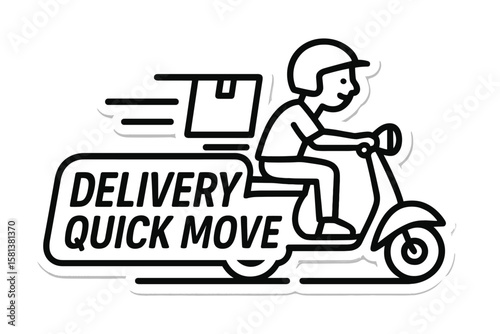Delivery fast moving scooter with package. Vector sticker illustration. Express courier, quick shipment, fast delivery, transportation, logistics, urban mobility, icon design.