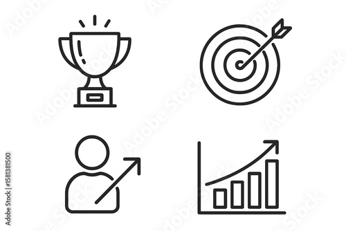 Business success line icons set. Trophy award, target goal, career growth, chart increase. Vector outline symbols for strategy, finance, and achievement concepts.