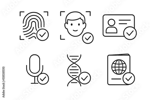 Identity verification icons set in modern line style for web and mobile apps, including fingerprint, face recognition, ID card, voice recognition, DNA, and passport symbols