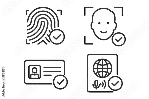 Identity verification icon set. Line art for security and authentication. Features fingerprint, face ID, ID card, passport and voice recognition for web and mobile design. Vector.