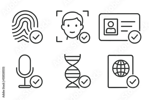 Identity verification set of 6 web icons in line style. Fingerprint, facial recognition, ID card, voice recognition, DNA, passport verification icons for web and mobile apps.