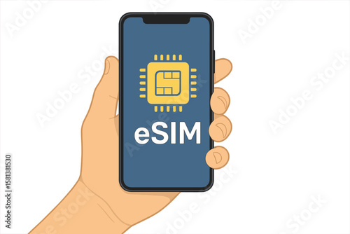 Mobile device with eSIM chip, embedded SIM technology, new mobile communication concept, smartphone with eSIM card chip icon, hand holding mobile device with e-SIM