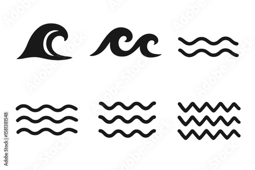 Ocean sea waves symbols set. Wave line wavy zigzag lines. Water ripple icons. Marine aquatic design elements. Vector illustration on transparent background. Surf patterns.