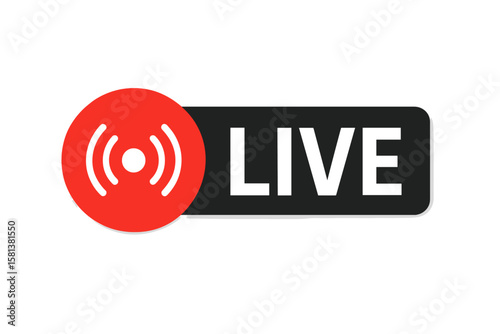 Live streaming button icon red broadcast symbol, vector illustration on transparent background, digital media, online streaming, live video, social media, technology interface