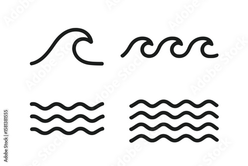 Ocean and sea waves symbols collection. Simple wave line and wavy zigzag lines icons set. Vector illustration on a transparent background for marine, nautical, or surf design.