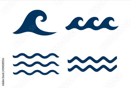 Ocean sea waves symbols set. Wave line and wavy zigzag lines. Vector illustration collection. Water, surf, ripple graphic design elements. Aqua marine icons isolated.