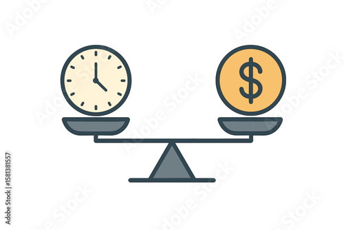 Balance of money and time on scales, clock and dollar coin on scales, financial and time management concept, vector illustration on transparent background, business metaphor