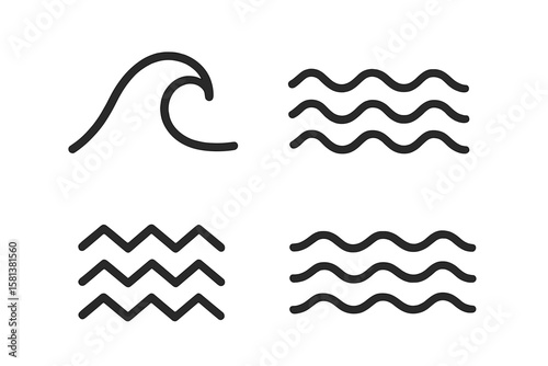 Wave line icon set. Sea, ocean, water, surf, tide, flow symbols. Abstract wavy and zigzag lines. Minimalist simple linear graphic design element. Vector illustration.