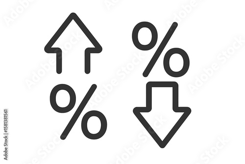 Financial metaphor for growth and recession. Up down arrow with percentage icon. Interest rate change. Stock market fluctuation. Sale discount profit and loss symbol set.