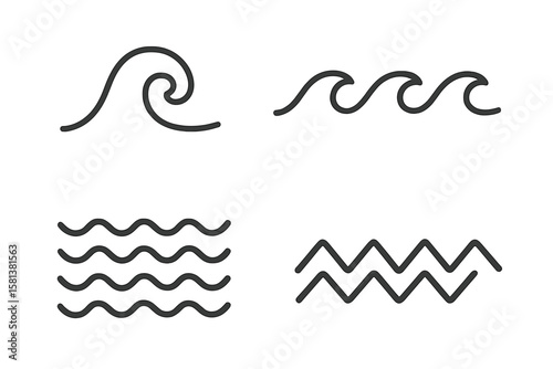 Ocean sea waves symbols set, wave line art, wavy and zigzag lines, vector illustration on transparent background, minimalist water design, marine aquatic patterns.