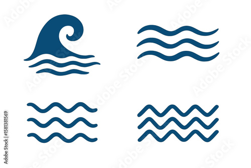 Ocean sea waves symbols set. Wave line and wavy zigzag lines collection. Vector graphic illustration. Stylized water icon. Marine aquatic design elements for logo or pattern.