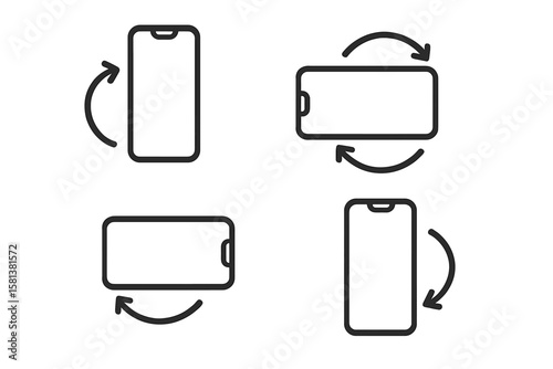 Phone screen rotation icon set. Smartphone orientation, auto-rotate symbol. Mobile device display in portrait and landscape mode. UI, UX web design element. Vector asset.