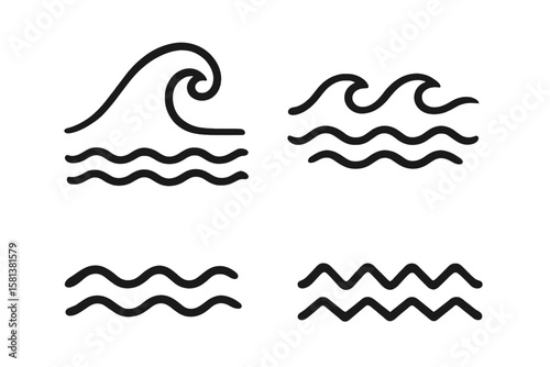 Set of ocean and sea wave symbols. Simple line art icons, including wavy and zigzag patterns. Vector graphic elements for marine, surf, or nautical design concepts.