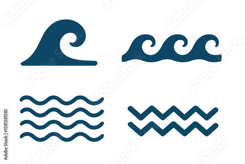 Ocean and Sea Waves Symbols Set, Wave Lines and Wavy Zigzag Patterns, Vector Illustration, Abstract Water Wave Icons, Marine Nautical Design Elements, Seamless Wave Patterns