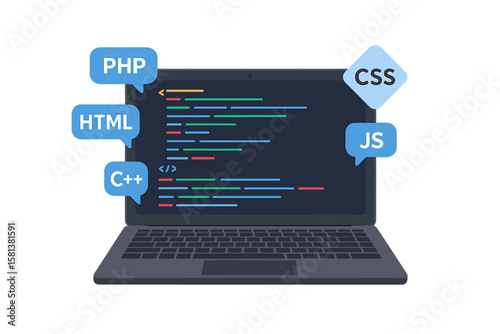 Programming languages concept vector with code on laptop screen. Web development with PHP, HTML, C++, CSS, JS. Software engineering, developer workplace. Coding technology.