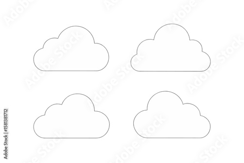 Set of four cute cloud icons. Simple outline weather symbol. Minimalist line art element for sky design. Fluffy shape cartoon vector illustration isolated on transparent background.