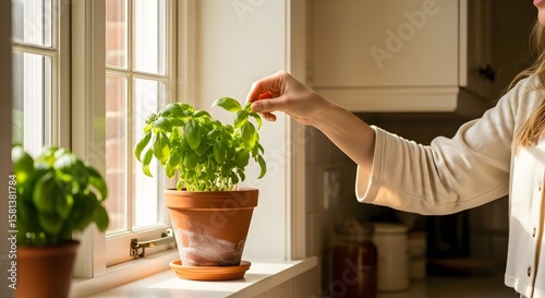 Woman picking fresh basil leaves from clay pot on windowsill with soft natural backlight