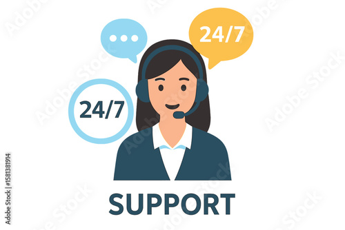 24/7 Customer Support Service Vector. Call Center Operator with Headset. Client Assistance, Communication, Help Desk, Hotline, Speech Bubbles, Technical Support Concept Illustration