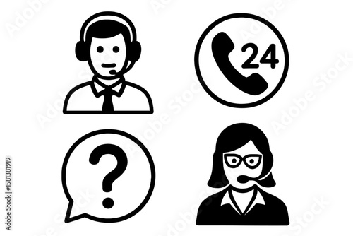 Customer Support Service Icons Set. Call Center Hotline, 24/7 Phone Assistance, Consultation, Help Desk, Operator, Secretary, FAQ, Communication Symbols. Vector Illustration Isolated