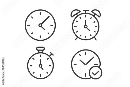 Set of 4 Time and Clock Web Icons in Modern Line Style, Vector Illustration on Transparent Background, Includes Alarm Clock, Stopwatch, and Check Mark Time Symbol