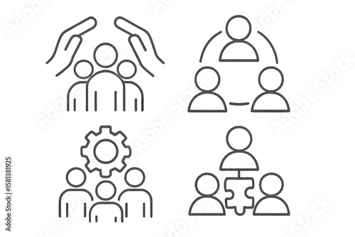 Teamwork Concept Icons Set of 4, Line Style Vector Illustration, Business Collaboration Symbols, Transparent Background, Group Cooperation, Partnership, Communication