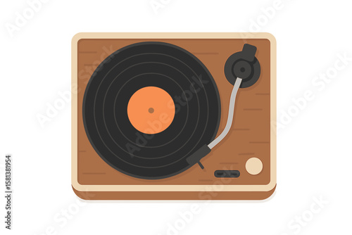 Vintage vinyl record player turntable with retro design, front view, black vinyl disc, vector illustration on transparent background, classic music device, analog sound
