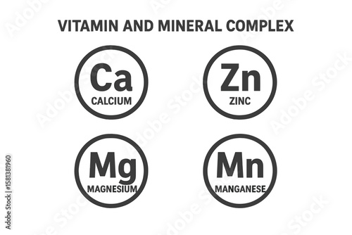 Vitamin and mineral complex vitamins and minerals collection of 4 essential mineral supplement icons, including calcium, zinc, magnesium, manganese, iron, molybdenite, iodine,