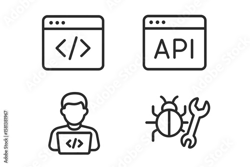 Set of 4 Web Development Line Style Icons: Code, API, Programmer Coding, App Flow, Node Connection, Web Coder, Bug Fixing Symbols for Web and Mobile Apps
