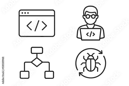 Web development set of 4 line style icons, developer and programmer symbols for web and mobile apps, featuring code, API, app flow, node connection, coder, and bug fix icons