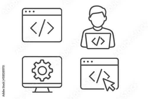 Web development set of 4 line style icons, developer icons for web and mobile app, vector illustration on transparent background, coding, programming, UI design